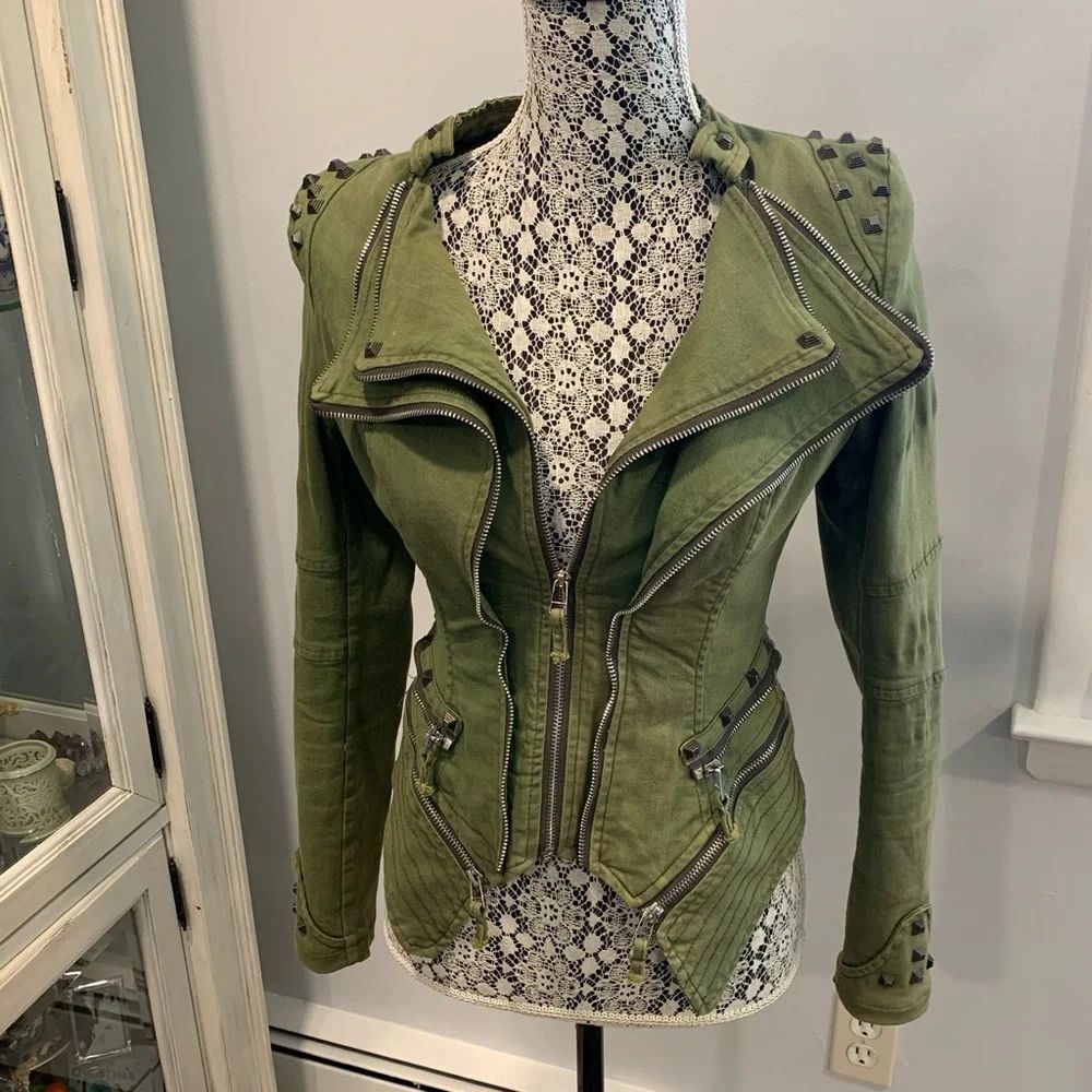 Unique Green Studded Utility Jacket Structured Shoulders and Quilted Sleeves